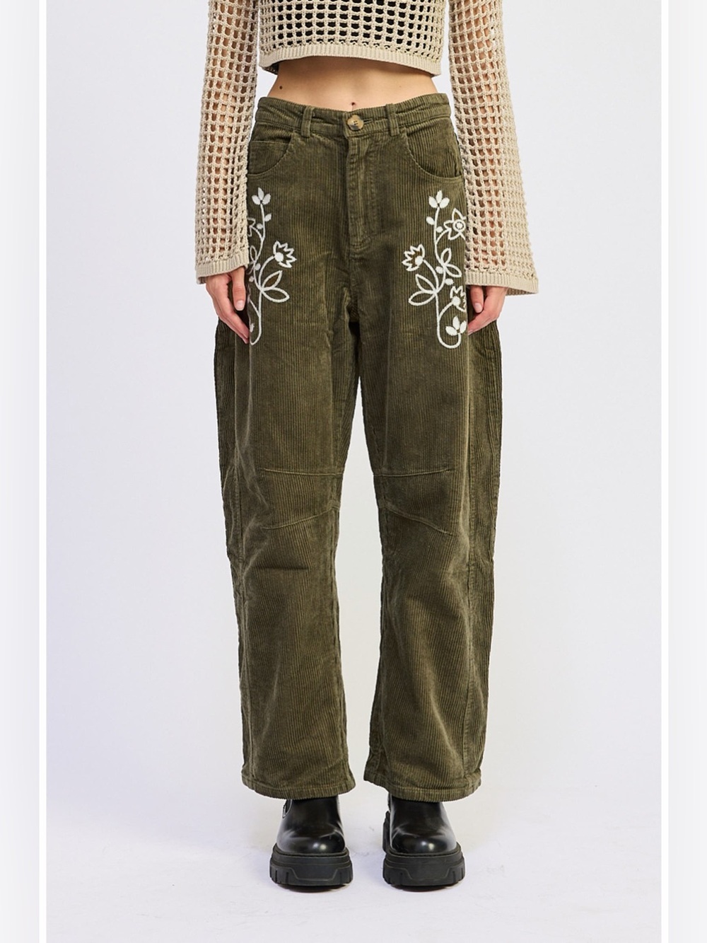 Jacquie The Label Corduroy Barrel Leg Pants Embroidered Olive Green Size Small